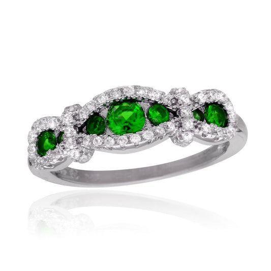 Rhodium Plated 925 Sterling Silver Knotted Green & Clear CZ Ring Sizes 5-9