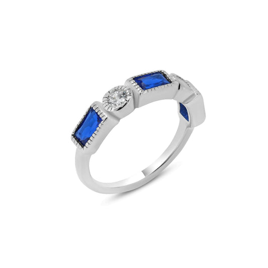Rhodium Plated 925 Sterling Silver Blue & Clear CZ High Polished Ring Sizes 5-9