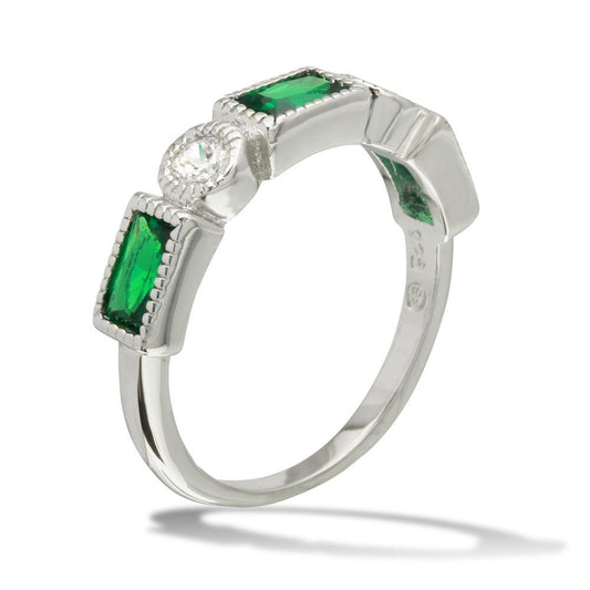 Rhodium Plated 925 Sterling Silver Green & Clear CZ High Polished Ring Sizes 5-9