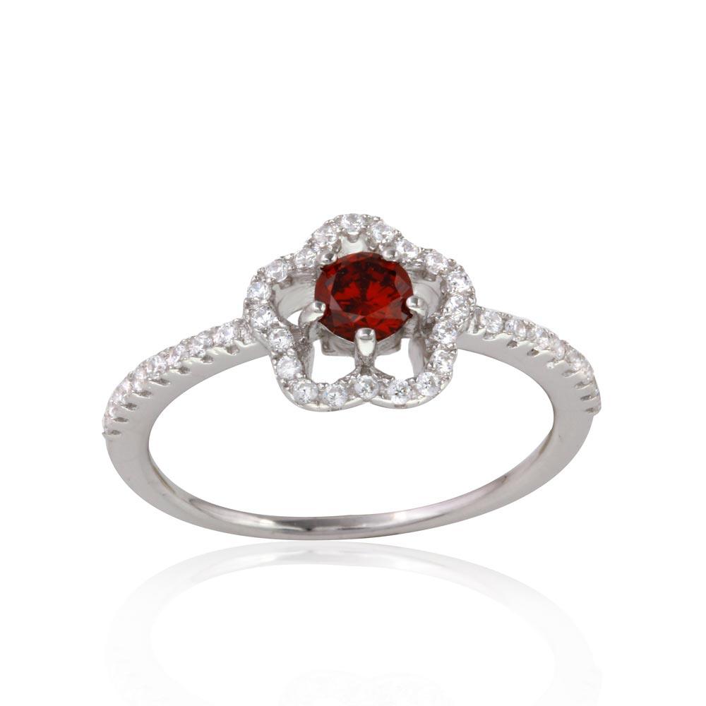 Rhodium Plated 925 Sterling Silver Flower Ring Red & Clear CZ Band Sizes 5-9