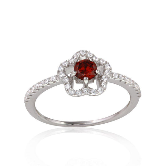 Rhodium Plated 925 Sterling Silver Flower Ring Red & Clear CZ Band Sizes 5-9