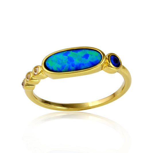 Gold Plated 925 Sterling Silver Blue Synthetic Opal Ring Blue Clear CZ Sizes 5-9