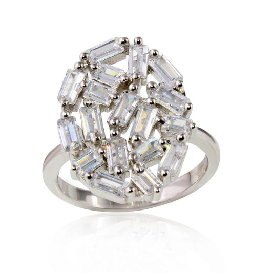 Rhodium Plated 925 Sterling Silver Oval Shape Ring Rectangle Clear CZ Sizes 5-9