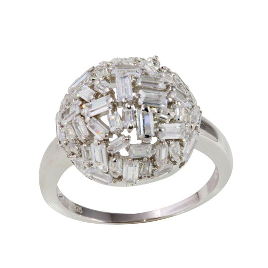 Rhodium Plated 925 Sterling Silver Half Sphere Ring Rectangle Clear CZ Sizes 5-9