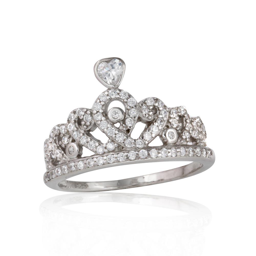 Rhodium Plated 925 Sterling Silver Clear CZ Tiara Crown Princess Ring Sizes 5-9