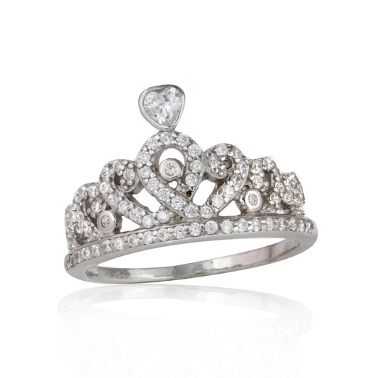 Rhodium Plated 925 Sterling Silver Clear CZ Tiara Crown Princess Ring Sizes 5-9