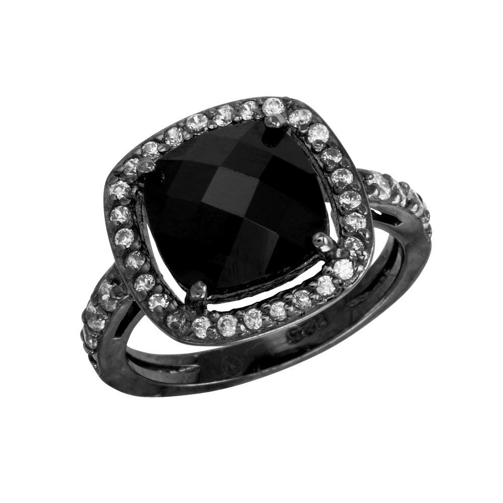 Black Rhodium Plated 925 Sterling Silver Square Halo Black CZ Ring Sizes 5-9