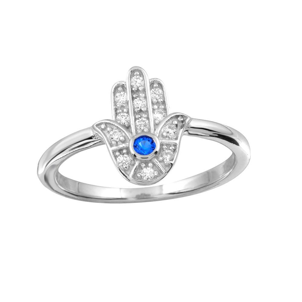 Rhodium Plated 925 Sterling Silver Blue & Clear CZ Hamsa Peace Ring Sizes 5-9