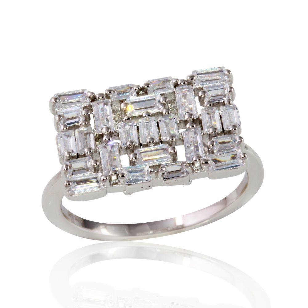 Rhodium Plated 925 Sterling Silver Rectangle Shape Ring Clear CZ Sizes 5-9