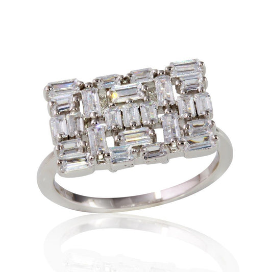 Rhodium Plated 925 Sterling Silver Rectangle Shape Ring Clear CZ Sizes 5-9