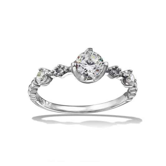Rhodium Plated 925 Sterling Silver Beaded Shank Clear CZ Band Ring Sizes 5-9