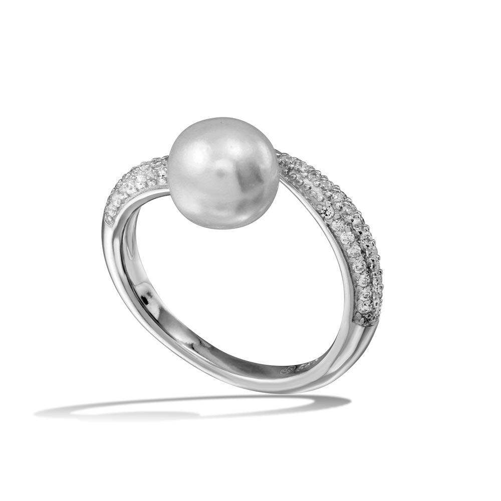 Rhodium Plated 925 Sterling Silver CZ Simulated Pearl Center Ring Sizes 5-9