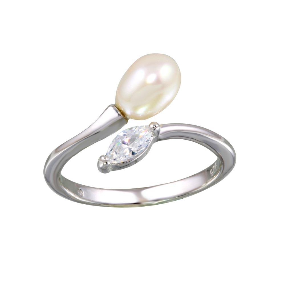 Rhodium Plated 925 Sterling Silver Ring with Simulated Pearl and CZ Sizes 5-9