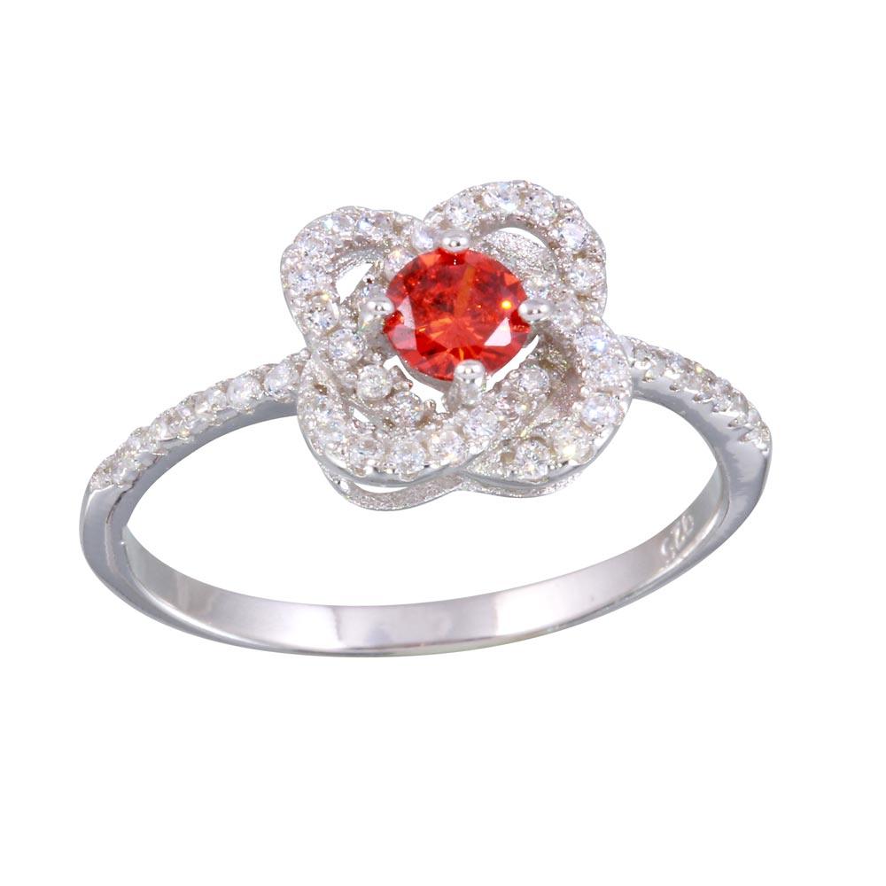 Rhodium Plated 925 Sterling Silver Knot Red & Clear CZ Center Ring Sizes 5-9