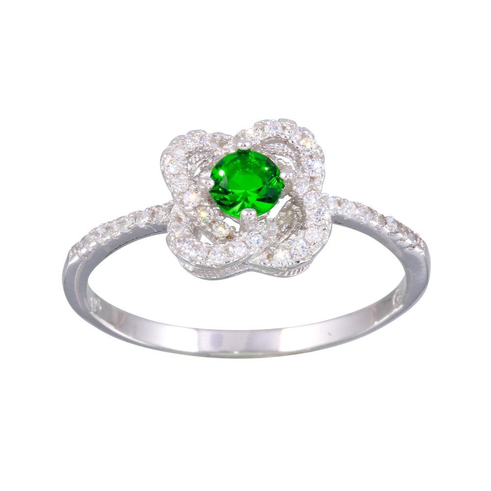 Rhodium Plated 925 Sterling Silver Knot Green & Clear CZ Center Ring Sizes 5-9