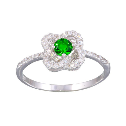 Rhodium Plated 925 Sterling Silver Knot Green & Clear CZ Center Ring Sizes 5-9