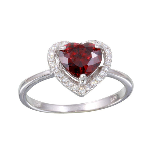 Rhodium Plated 925 Sterling Silver Red & Clear CZ Halo Heart Ring Sizes 5-9
