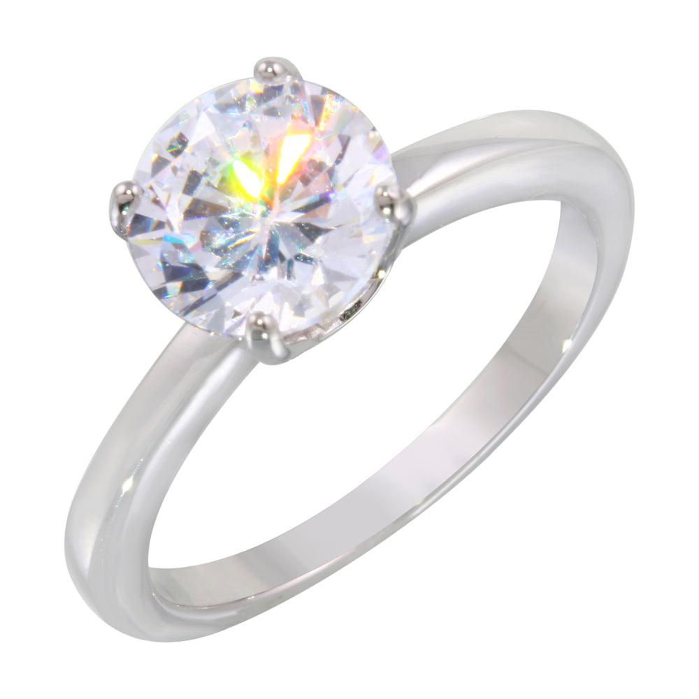 Rhodium Plated 925 Sterling Silver Round Solitaire Clear CZ Ring Band Sizes 5-9