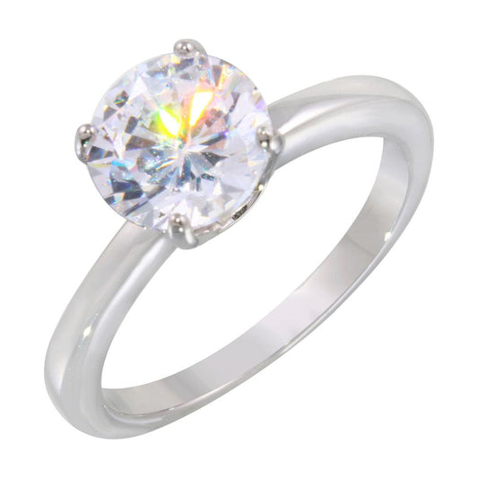 Rhodium Plated 925 Sterling Silver Round Solitaire Clear CZ Ring Band Sizes 5-9