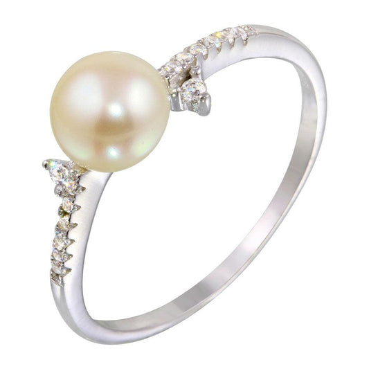 Rhodium Plated 925 Sterling Silver White Simulated Pearl Ring with CZ Sizes 5-9