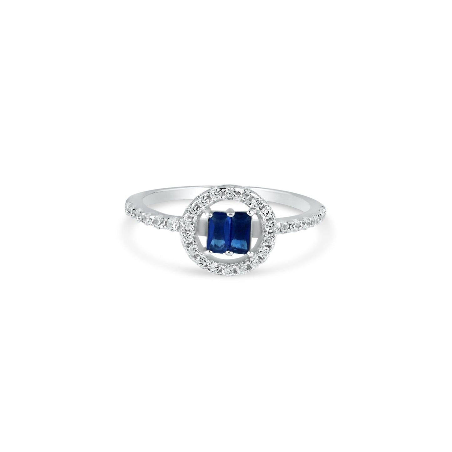 Rhodium Plated 925 Sterling Silver Blue & Clear CZ Halo Band Cute Ring Sizes 5-9