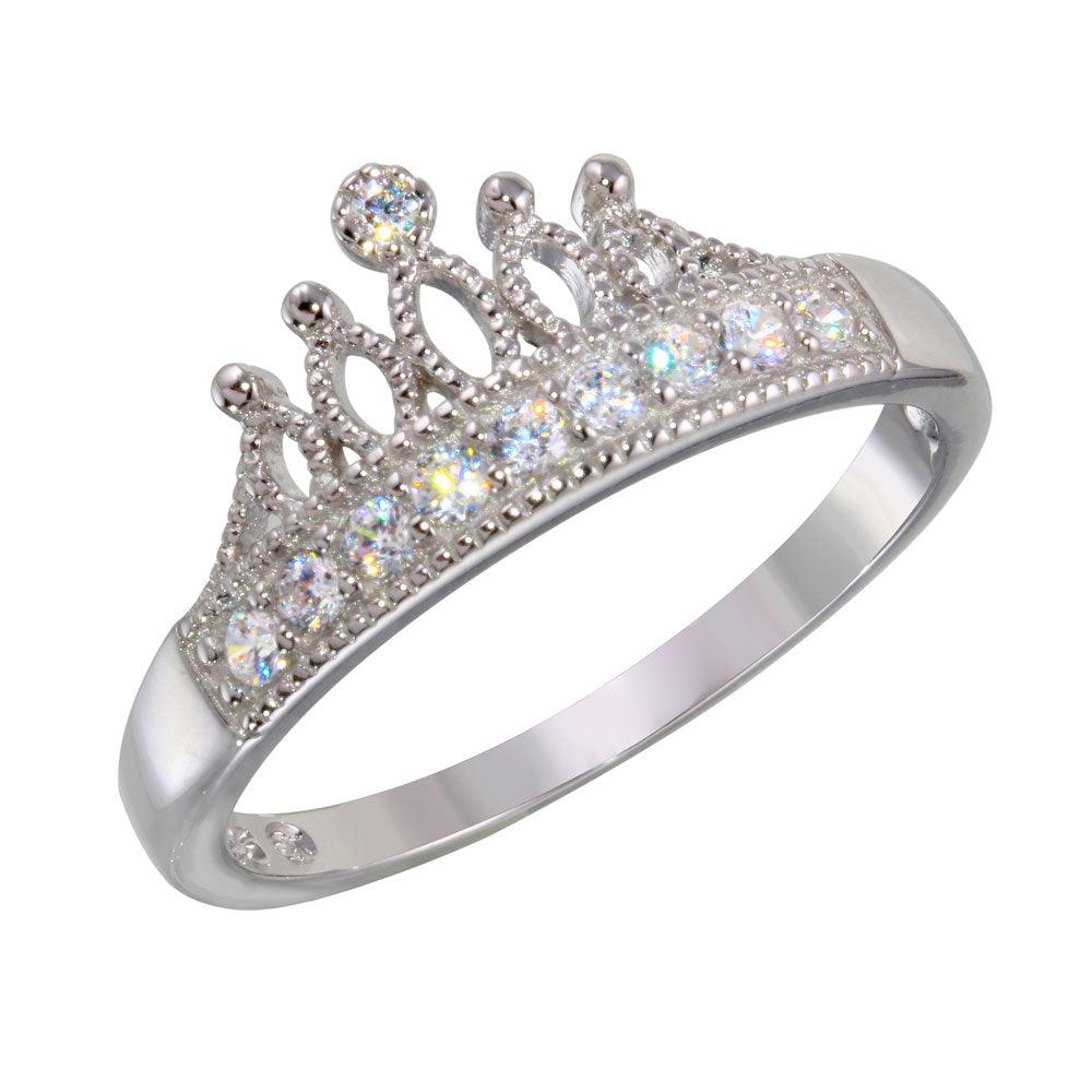 Rhodium Plated 925 Sterling Silver Tiara Crown Ring Clear CZ Band Sizes 5-9