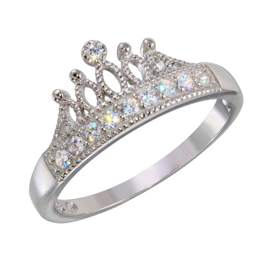 Rhodium Plated 925 Sterling Silver Tiara Crown Ring Clear CZ Band Sizes 5-9