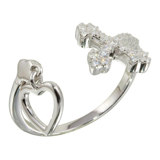 Rhodium Plated 925 Sterling Silver Open Heart and Cross Ring Clear CZ Sizes 5-9