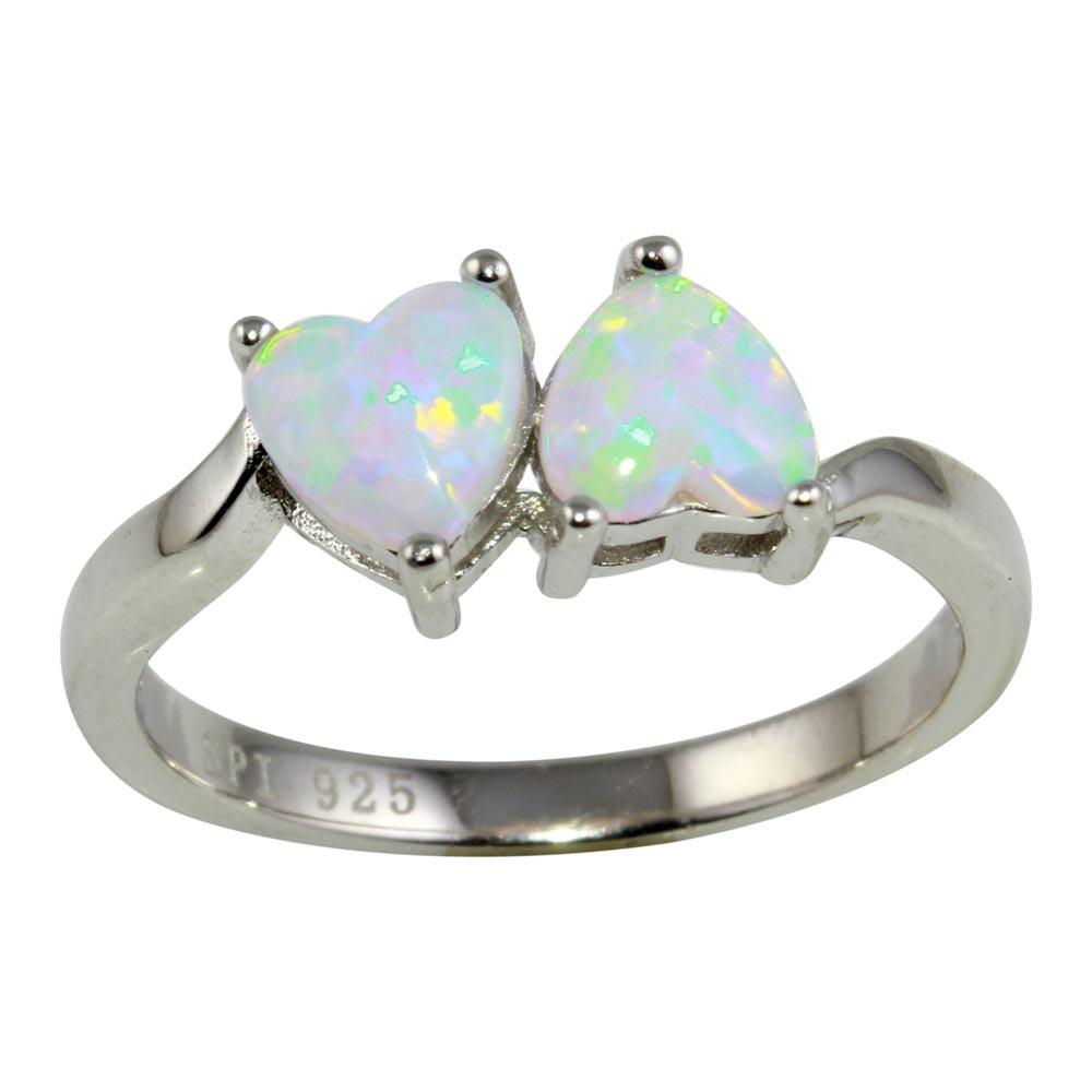 Rhodium Plated 925 Sterling Silver Two Heart Ring White Lab Opal Band Sizes 5-9