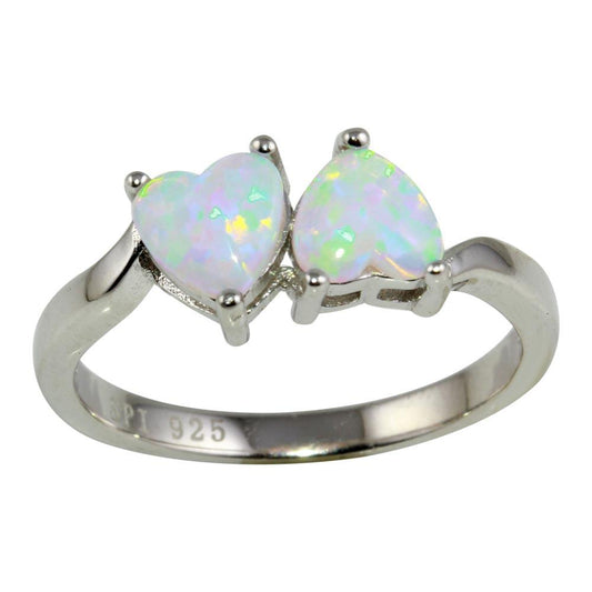Rhodium Plated 925 Sterling Silver Two Heart Ring White Lab Opal Band Sizes 5-9