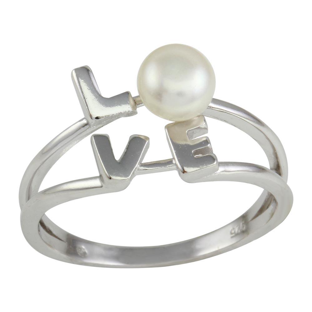 Rhodium Plated 925 Sterling Silver Love Ring Simulated Pearl Band Sizes 5-9