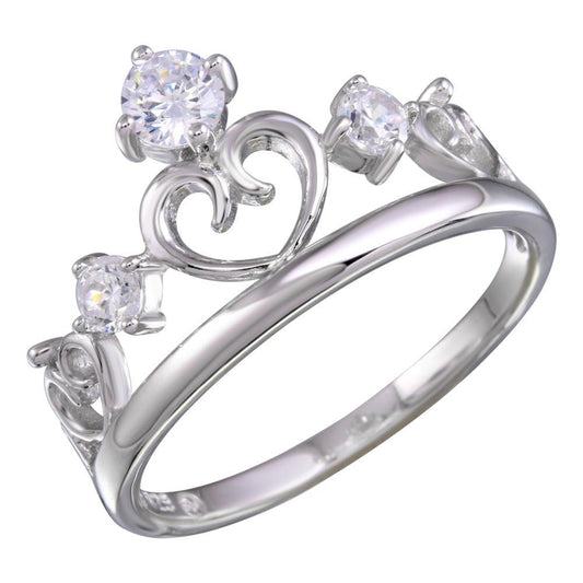 Rhodium Plated 925 Sterling Silver Heart Crown Ring Clear CZ Band Sizes 5-9