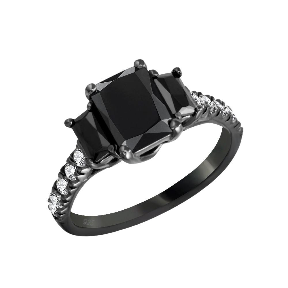Black Rhodium Plated 925 Sterling Silver Black & Clear CZ Ring Band Sizes 5-9