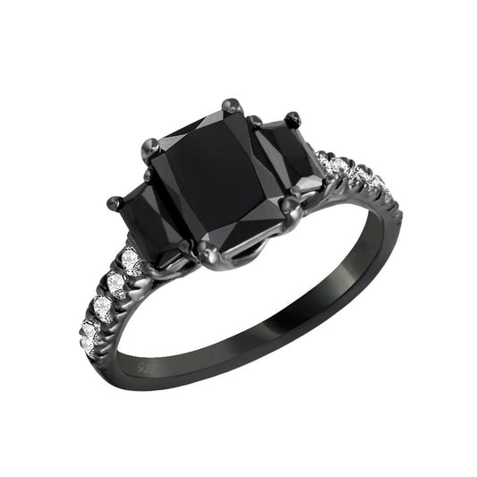 Black Rhodium Plated 925 Sterling Silver Black & Clear CZ Ring Band Sizes 5-9
