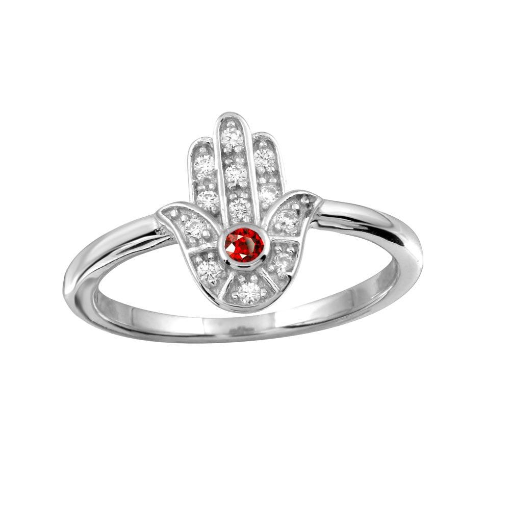 Rhodium Plated 925 Sterling Silver Hamsa Ring Clear & Red CZ Band Sizes 5-9