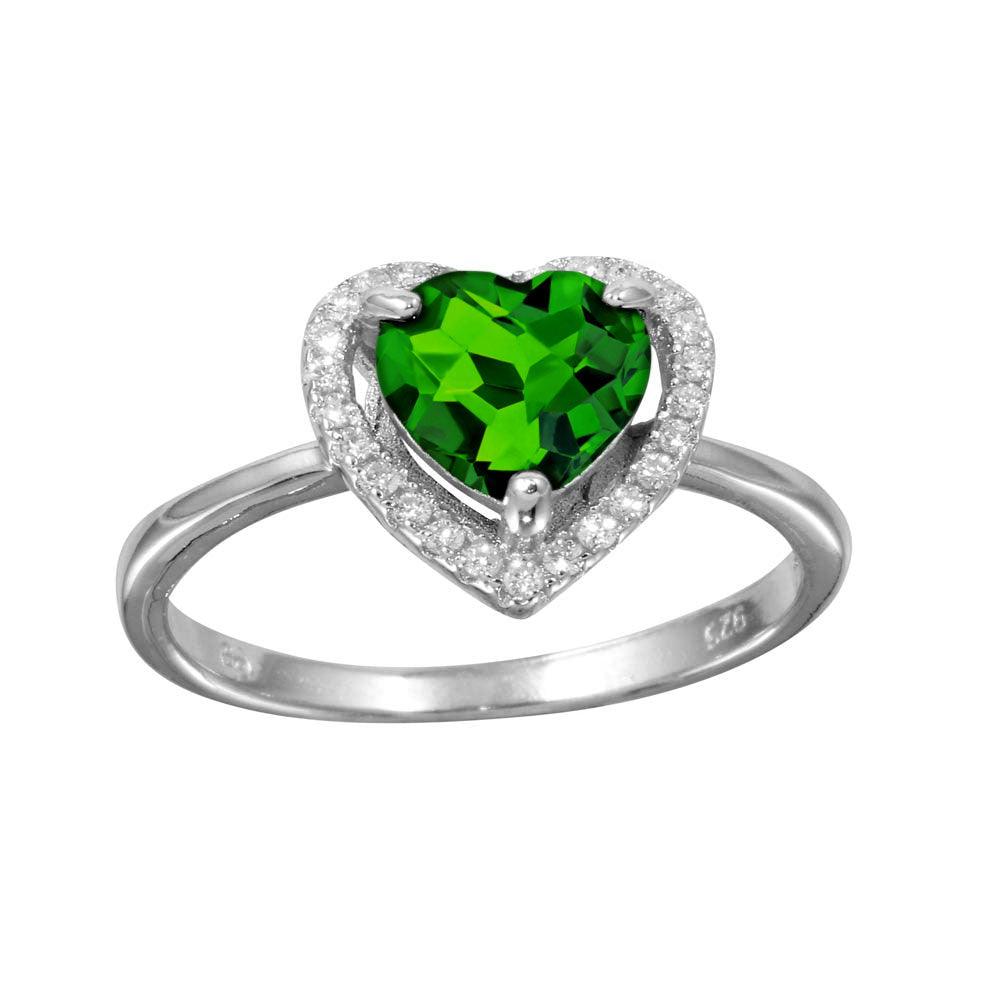 Polished Rhodium Plated 925 Sterling Silver Green Halo Heart Ring Band Sizes 5-9