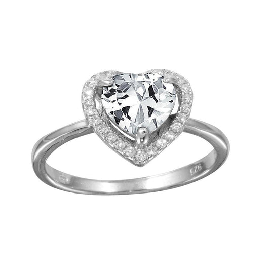Polished Rhodium Plated 925 Sterling Silver Clear Halo Heart Ring Band Sizes 5-9
