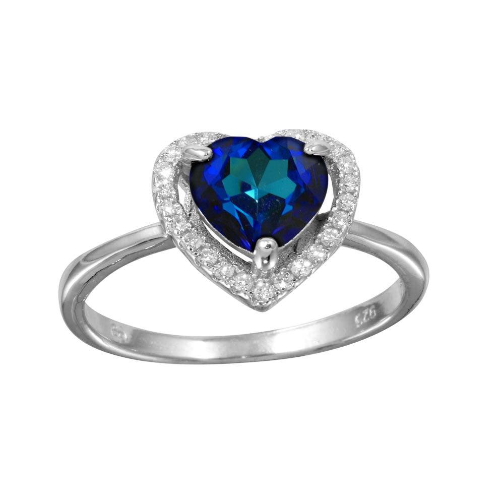 Rhodium Plated 925 Sterling Silver Blue Halo Heart Ring Love Band Sizes 5-9