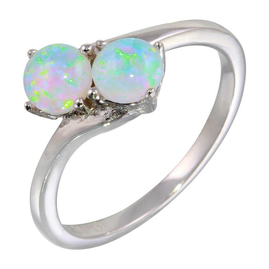 Rhodium Plated 925 Sterling Silver Twin CZ Synthetic Opal Ring Band Sizes 5-9