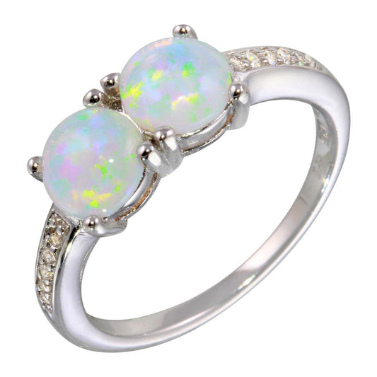 Rhodium Plated 925 Sterling Silver Twin Synthetic Opal Ring Clear CZ Sizes 5-9