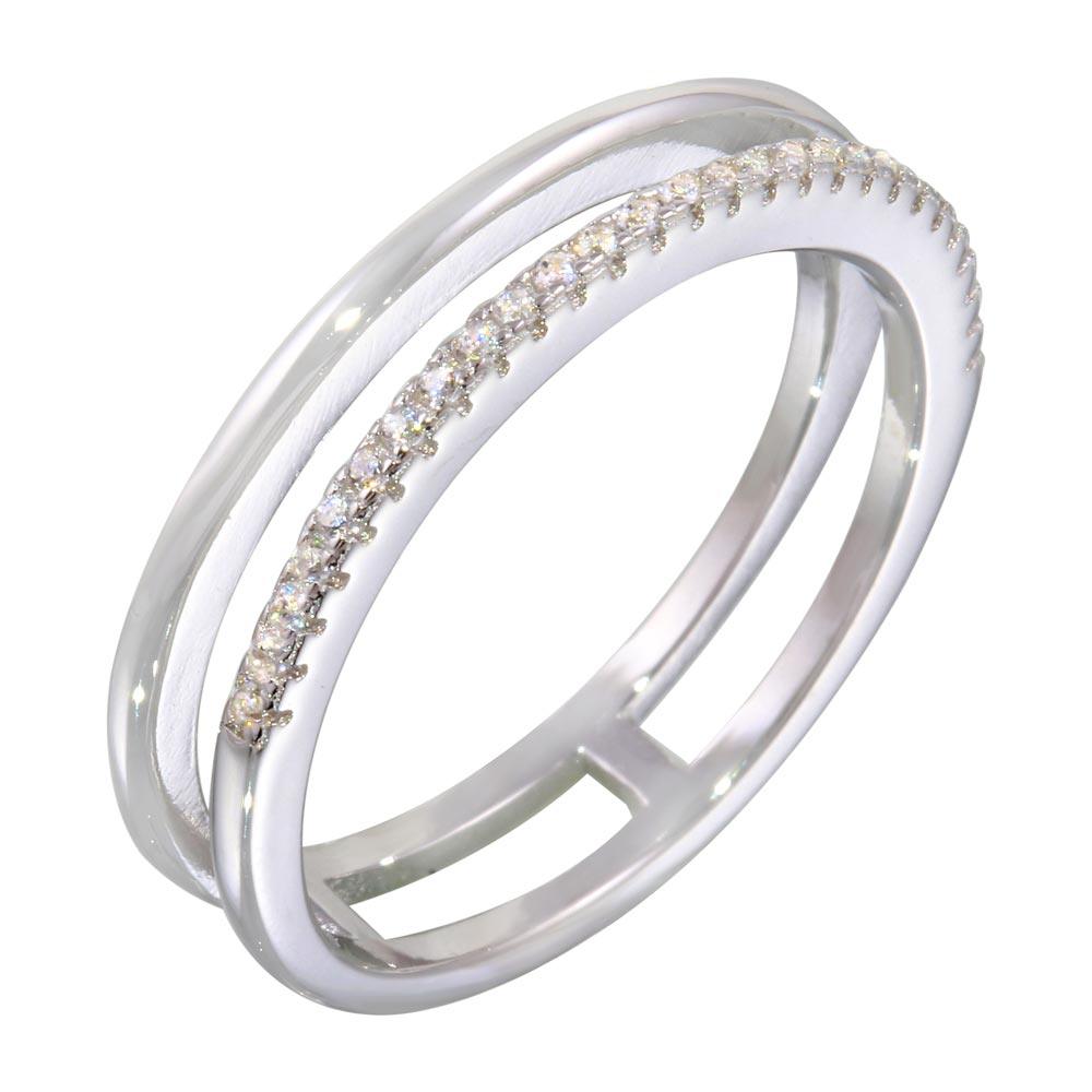 Polished Rhodium Plated 925 Sterling Silver Two Row Ring Clear CZ Band Sizes 5-9