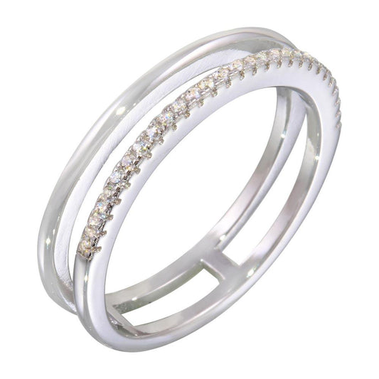 Polished Rhodium Plated 925 Sterling Silver Two Row Ring Clear CZ Band Sizes 5-9