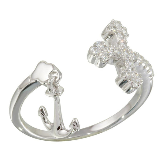 Rhodium Plated 925 Sterling Silver Cross Anchor Ring Clear CZ Band Sizes 5-9