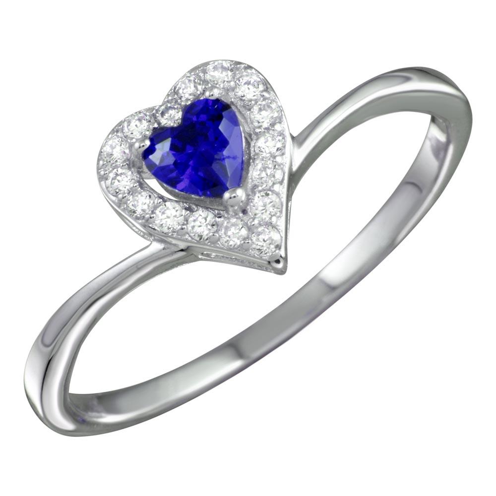 Polished Rhodium Plated 925 Sterling Silver Blue Heart Ring Clear CZ Sizes 5-9