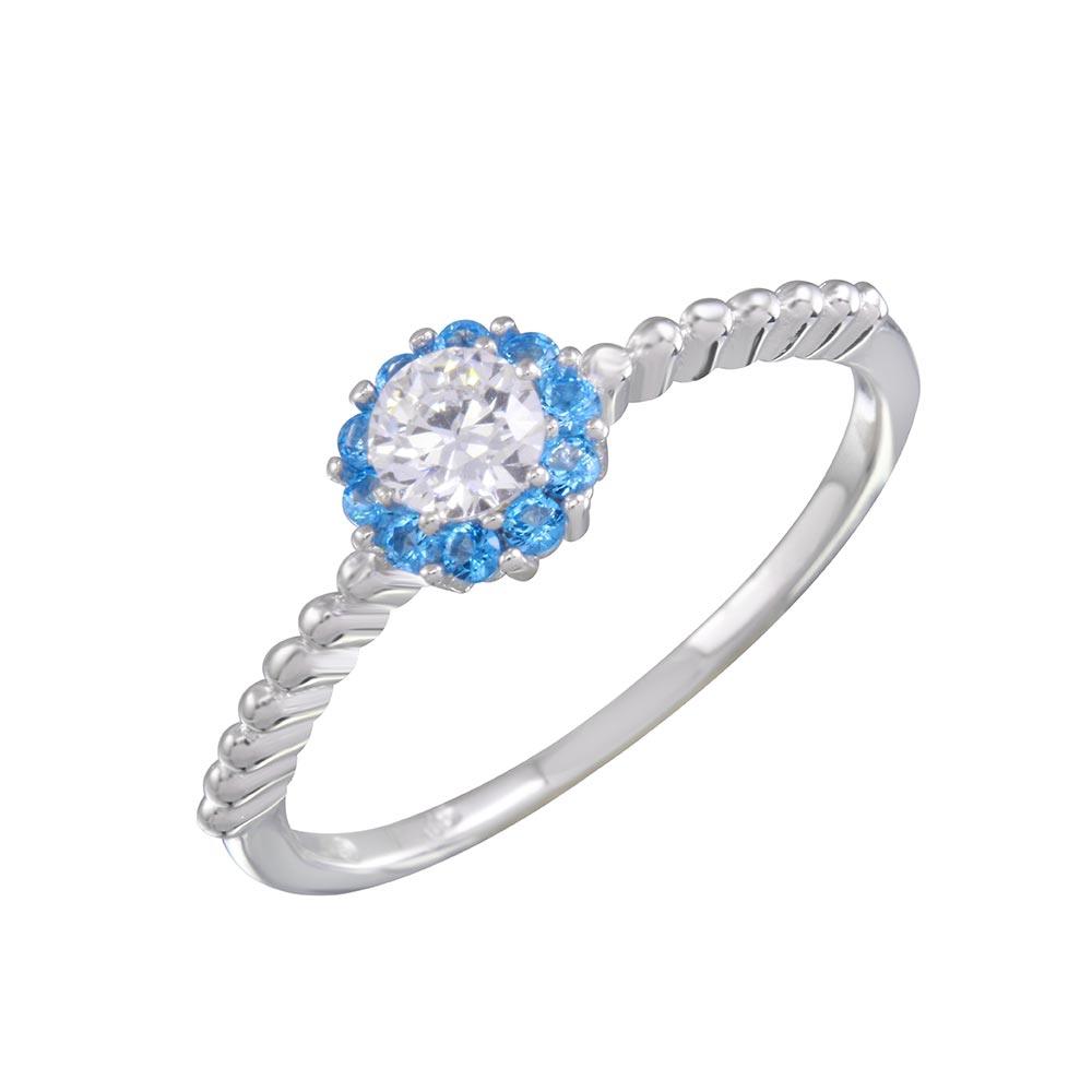 Rhodium Plated 925 Sterling Silver Round Blue & Clear CZ Ring Band Sizes 5-9