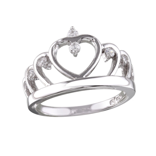 Rhodium Plated 925 Sterling Silver Heart Crown Ring Clear CZ Band Sizes 5-9