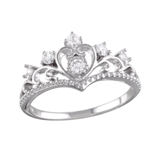 Rhodium Plated 925 Sterling Silver Heart Tiara Ring Clear CZ Band Sizes 5-9