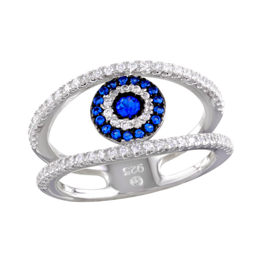 Rhodium Plated 925 Sterling Silver Evil Eye Ring Clear & Blue CZ Band Sizes 5-9