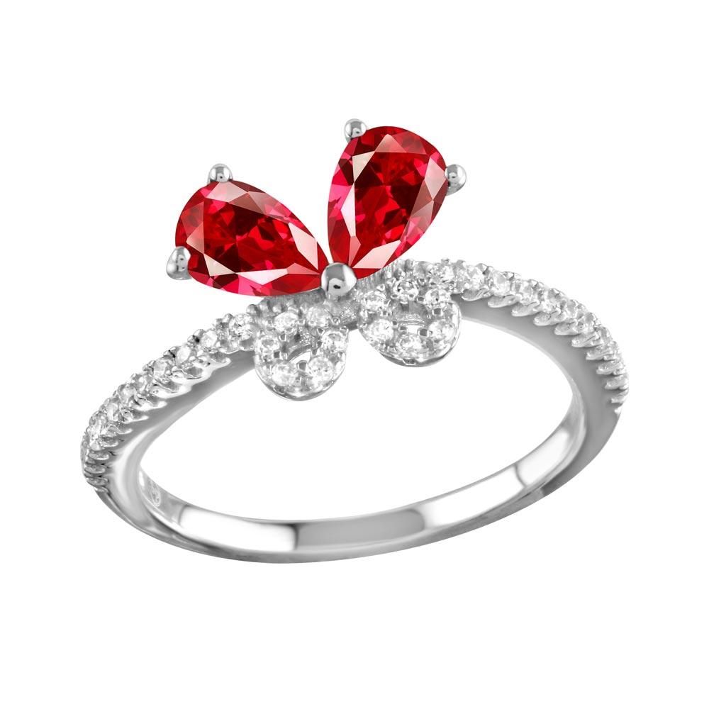 Polished Rhodium Plated 925 Sterling Silver Red Butterfly CZ Ring Band Sizes 5-9