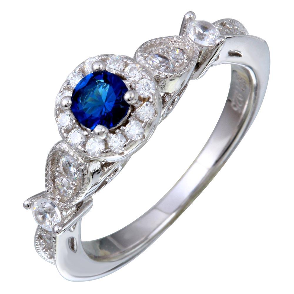 Polished Rhodium Plated 925 Sterling Silver Clear & Blue CZ Ring Band Sizes 5-9
